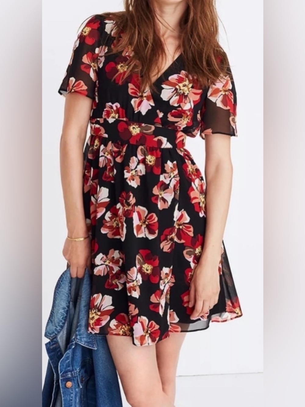 Madewell Black Mini Dress with Red and Cream Floral Print